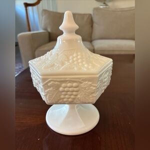 Vintage Imperial Milk Glass Candy Dish – Hexagon Grape Pattern with Lid – MCM